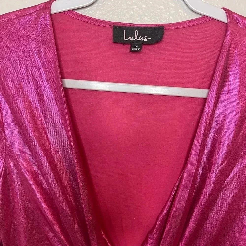 NWT Lulus Glow Like Me Hot Pink Metallic Twist-Front Long Sleeve Dress - Picture 13 of 13